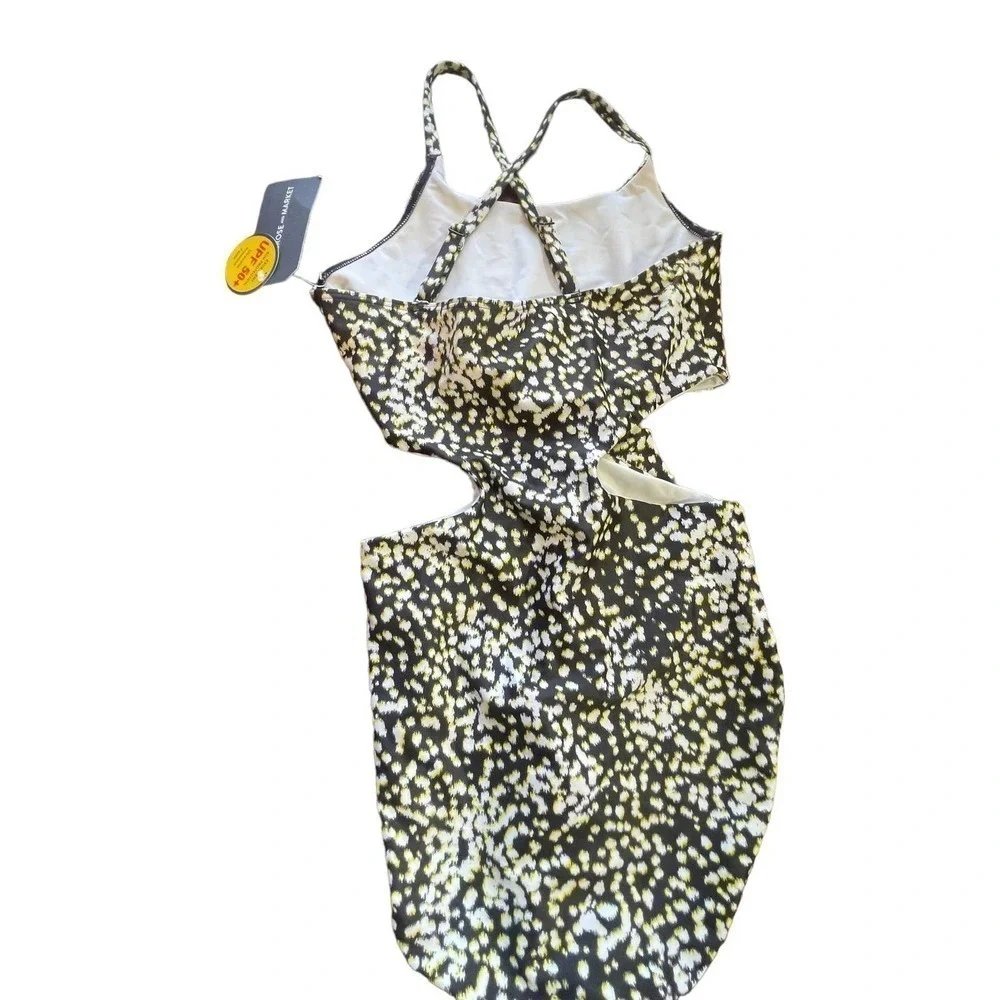 Melrose and Market Tie Front One-Piece Swimsuit Black White Animal Spot Size M
